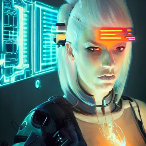 Image similar to A beautiful painting of a cyberpunk space jocky, girl with white hair fire red eyes sensual stare, Trending on artstation. augmentations and cybernetic enhancements neon circuits, greg rutkowski , hyperrealist, cinema4D, 8k highly detailed ❤️‍🔥 🔥 💀 🤖 🚀