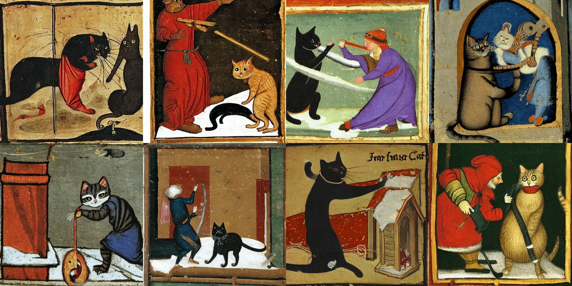 Prompt: a cat fighting a vacuum in winter, medieval painting