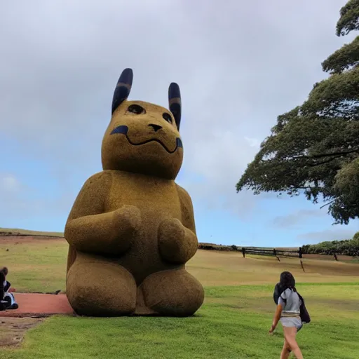 Image similar to pikachu as a moai statue, travel photo