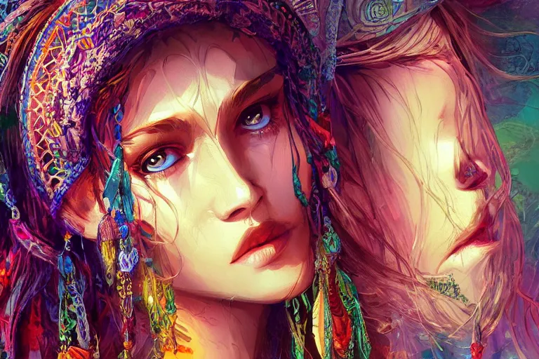 Image similar to a beautiful bohemian girl, intricate, highly detailed, digital painting, pixiv, artstation, official media, concept art, rich vivid colors, ambient lighting, sharp focus, illustration, art by erak note
