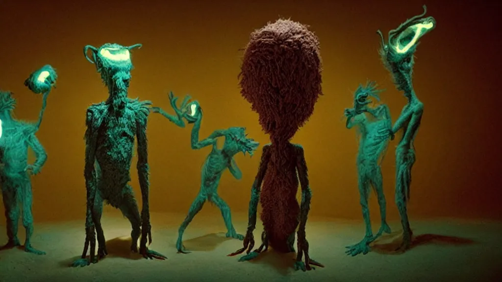 Image similar to the strange creature, made of glowing oil, they suffer from katagelophobia, film still from the movie directed by denis villeneuve and david cronenberg with art direction by salvador dali and dr. seuss