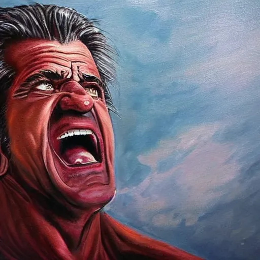 Image similar to Mel Gibson emerging from the depths of hell, dramatic painting, trending on arstation