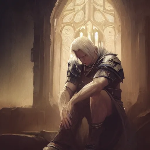 Prompt: dramatic masterpiece Greg Rutkowski male Aasimar paladin with platinum blonde hair praying amidst sorrow, realistic, cinematic lighting, WLOP, dungeons and dragons