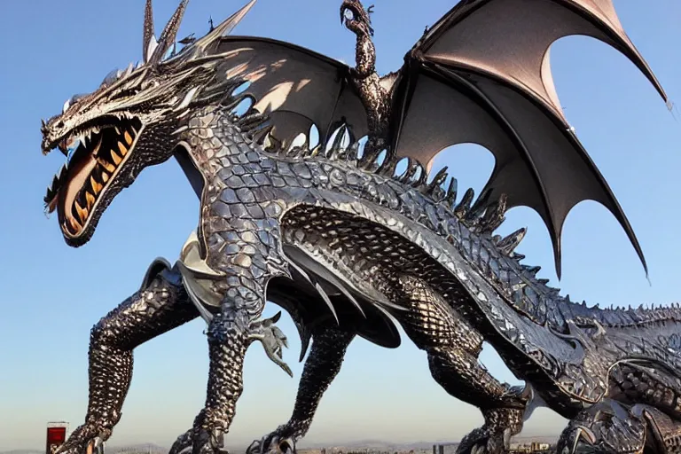 Image similar to 128 foot tall silver western style dragon that has purple accents, 360 foot wingspan, and jagged yet smooth plated scales