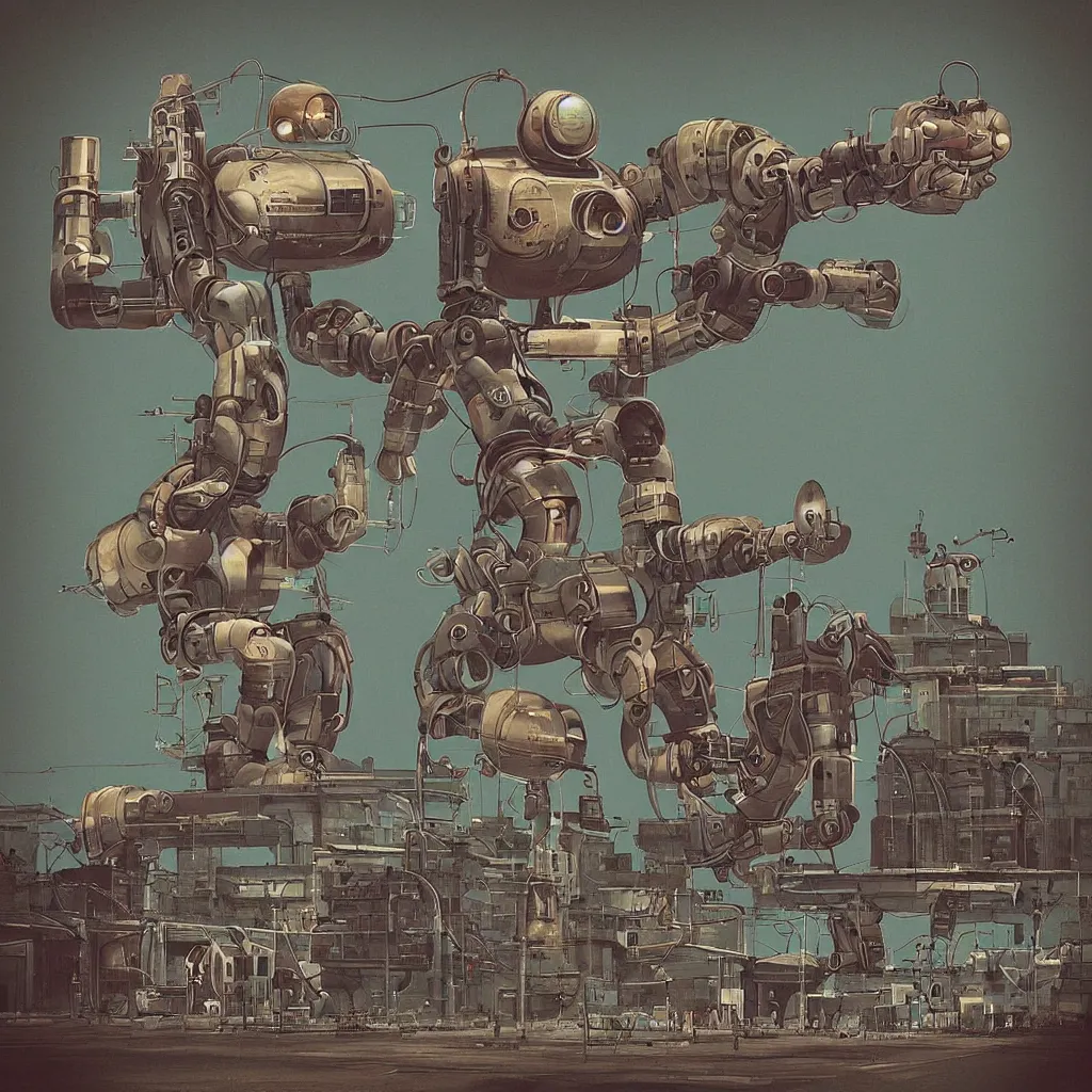 Image similar to “ retrofuturistic robot in norilsk panel houses in style of simon stalenhag ”