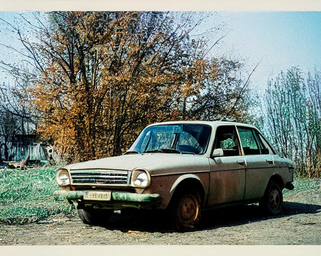 Image similar to a lomographic photo of old lada 2 1 0 7 standing in typical soviet yard in small town, hrushevka on background, cinestill, bokeh