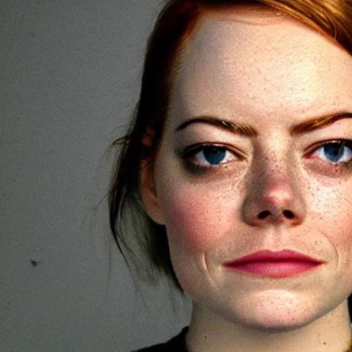 Prompt: Emma Stone homeless mugshot portrait. Faces of Meth.