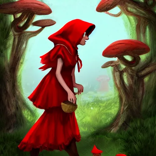 Prompt: little red riding hood is picking mushrooms in the forest digital art,trending on artstation. - n 9