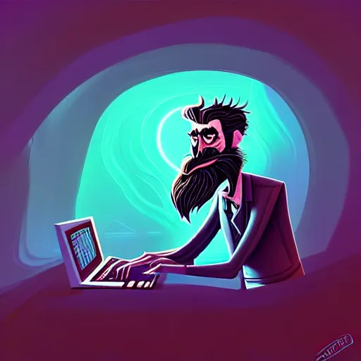 Image similar to curled perspective digital art of curly grey hair bearded man using a computer by anton fadeev from nightmare before christmas