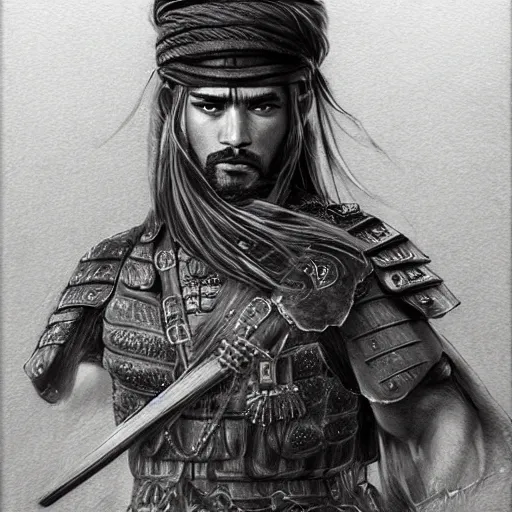 Image similar to Kurdish samurai, detailed charcoal sketch, realistic, incredibly detailed, award winning art, cinematic, extremely high detail, concept art, 4k fantasy art, trending on artstation, full body shot