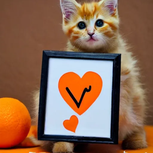 Image similar to cute fluffy orange tabby kitten with a sign that says