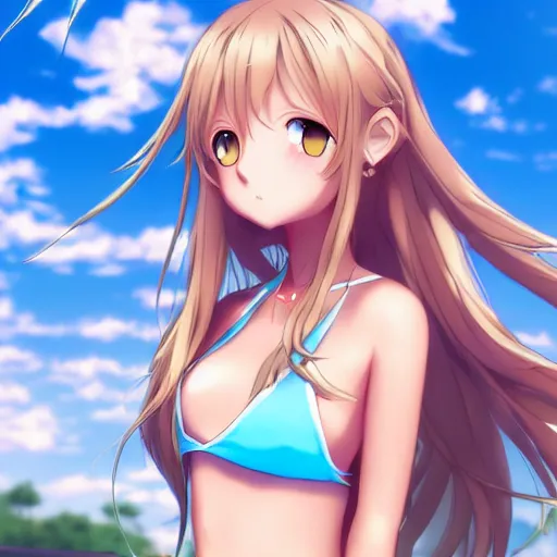 Image similar to a very beautiful young anime tennis girl, full body, long wavy blond hair, sky blue eyes, full round face,, bikini, miniskirt, front view, mid - shot, highly detailed, cinematic wallpaper by wlop