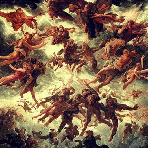 Prompt: thousands of rebel angels falling from heaven as meterorites, epic lighting, disaster clouds, michael bay style