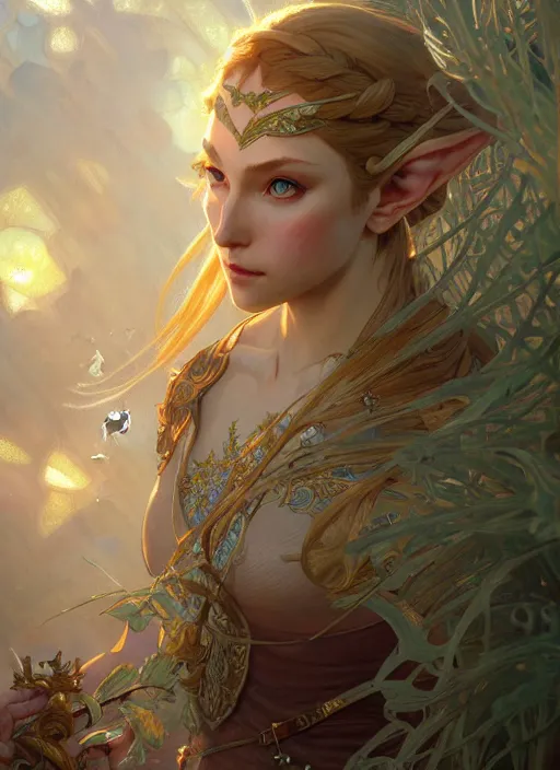 Image similar to zelda, fantasy, intricate, elegant, highly detailed, digital painting, artstation, concept art, wallpaper, smooth, sharp focus, illustration, art by artgerm and greg rutkowski and alphonse mucha