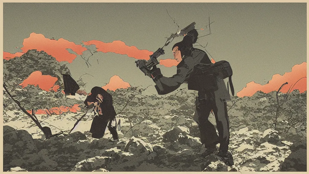 Image similar to I threw heavy objects down to kill the man, while he shot at me. I found a revolver but there were no bullets , screen print by Kawase Hasui and dan hillier, rendered in octane render 32k