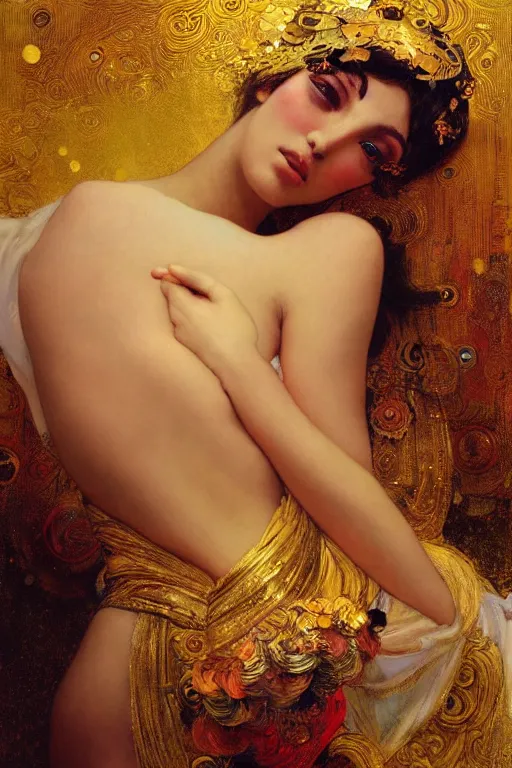 Prompt: an intricate artistic pose painting of a beautiful young goddess with an artistic sensual pose in bed with klimt golden motives and textures, hyper detailed, ornamental gold headpiece, octane render, vivid colors, artstation, by jeremy mann, by alphonse mucha, by boris vallejo