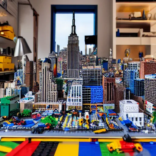 Image similar to detailed lego build of new york city on garage table, professional photo, professional lighting, HDR