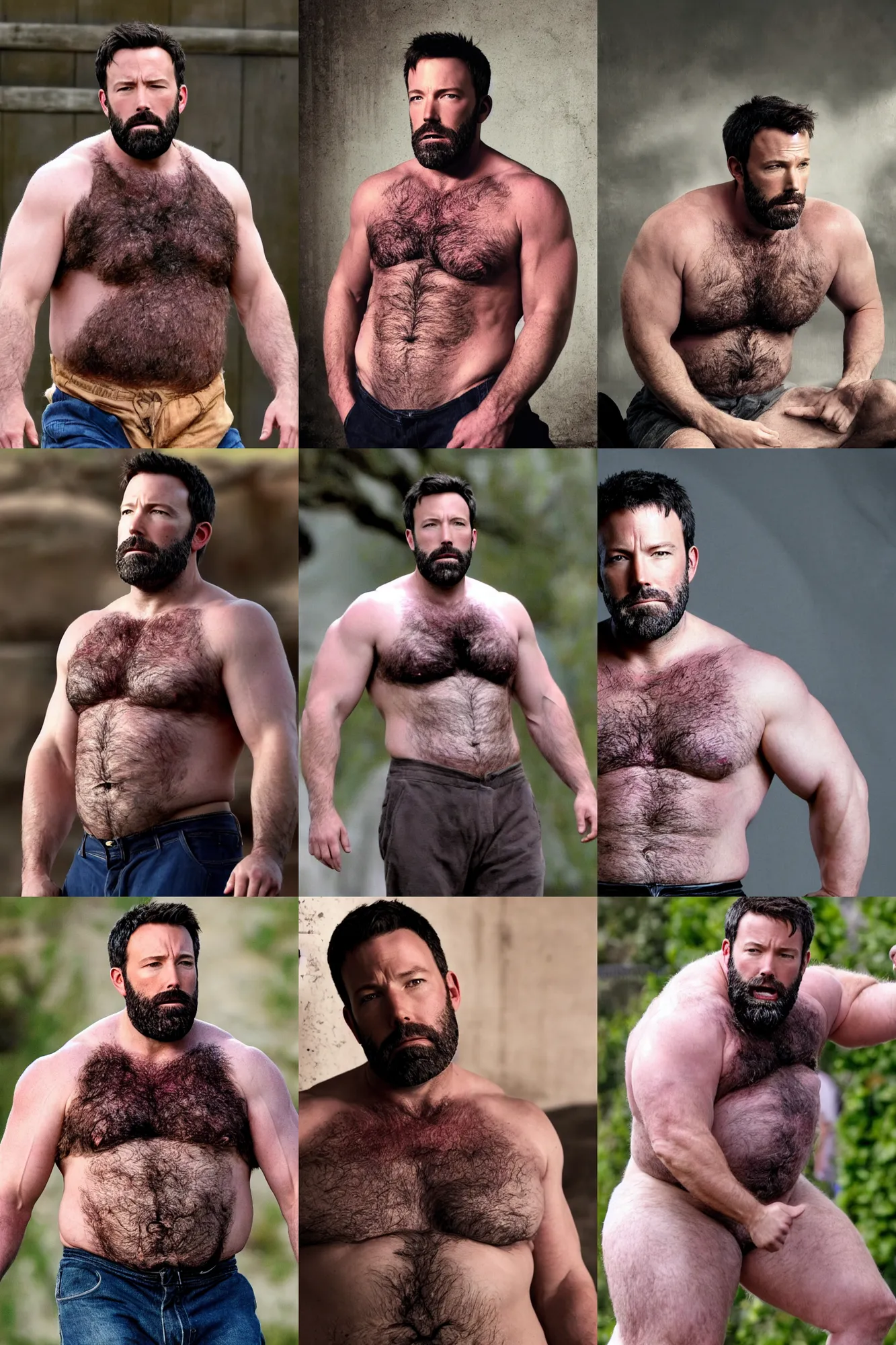 Prompt: ben affleck as a burly padded chubby strongman, masculine, dad energy, hairy torso, 4 k hd