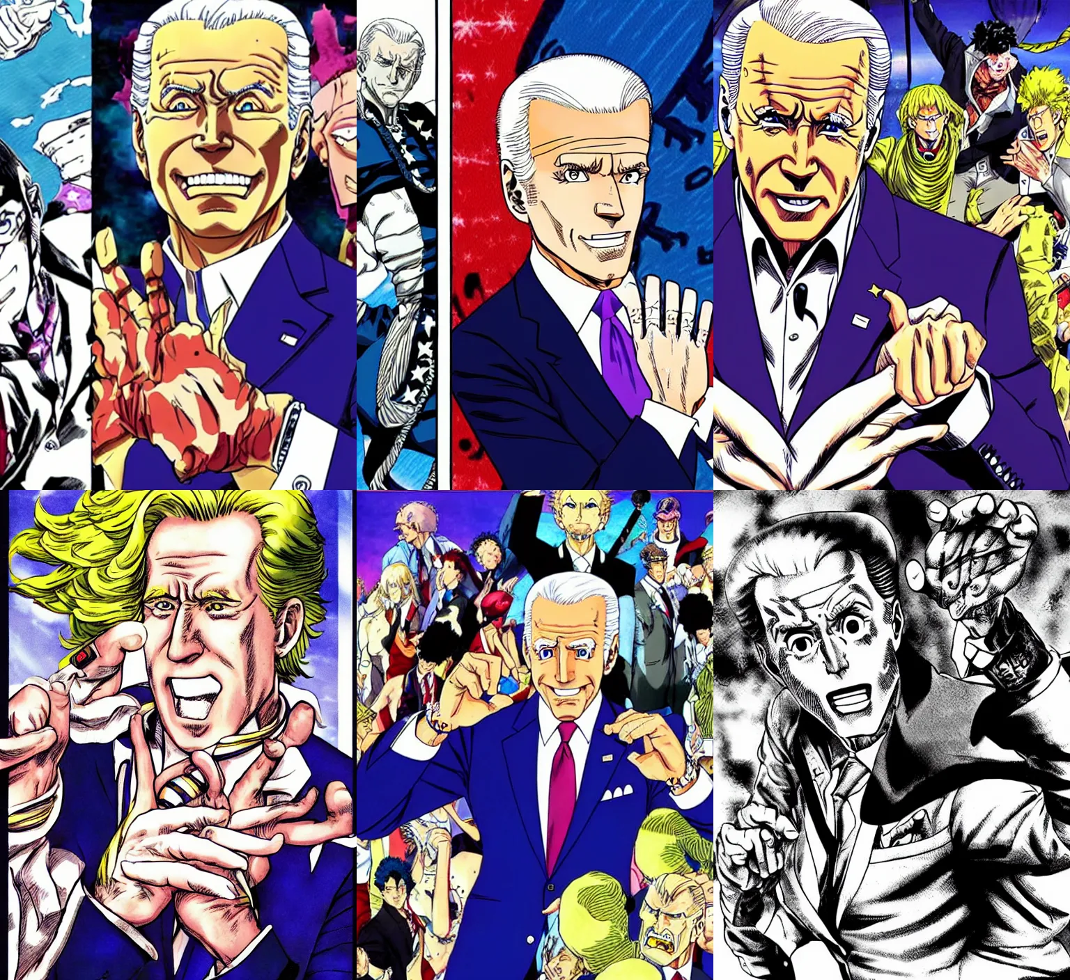 Prompt: Joe Biden in Jojo's Bizarre Adventure manga, illustrated by Hirohiko Araki