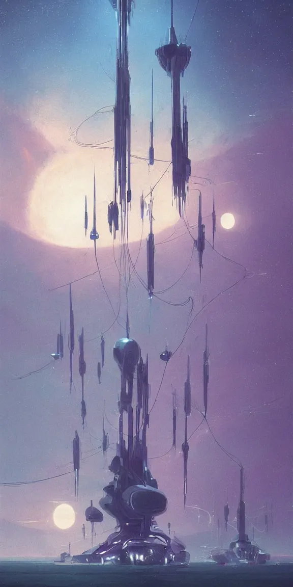 Prompt: mysterious spaceship with long tendrils, lots of hanging cables and antennas, sci - fi concept art, by john harris, by simon stalenhag, stunning, award winning