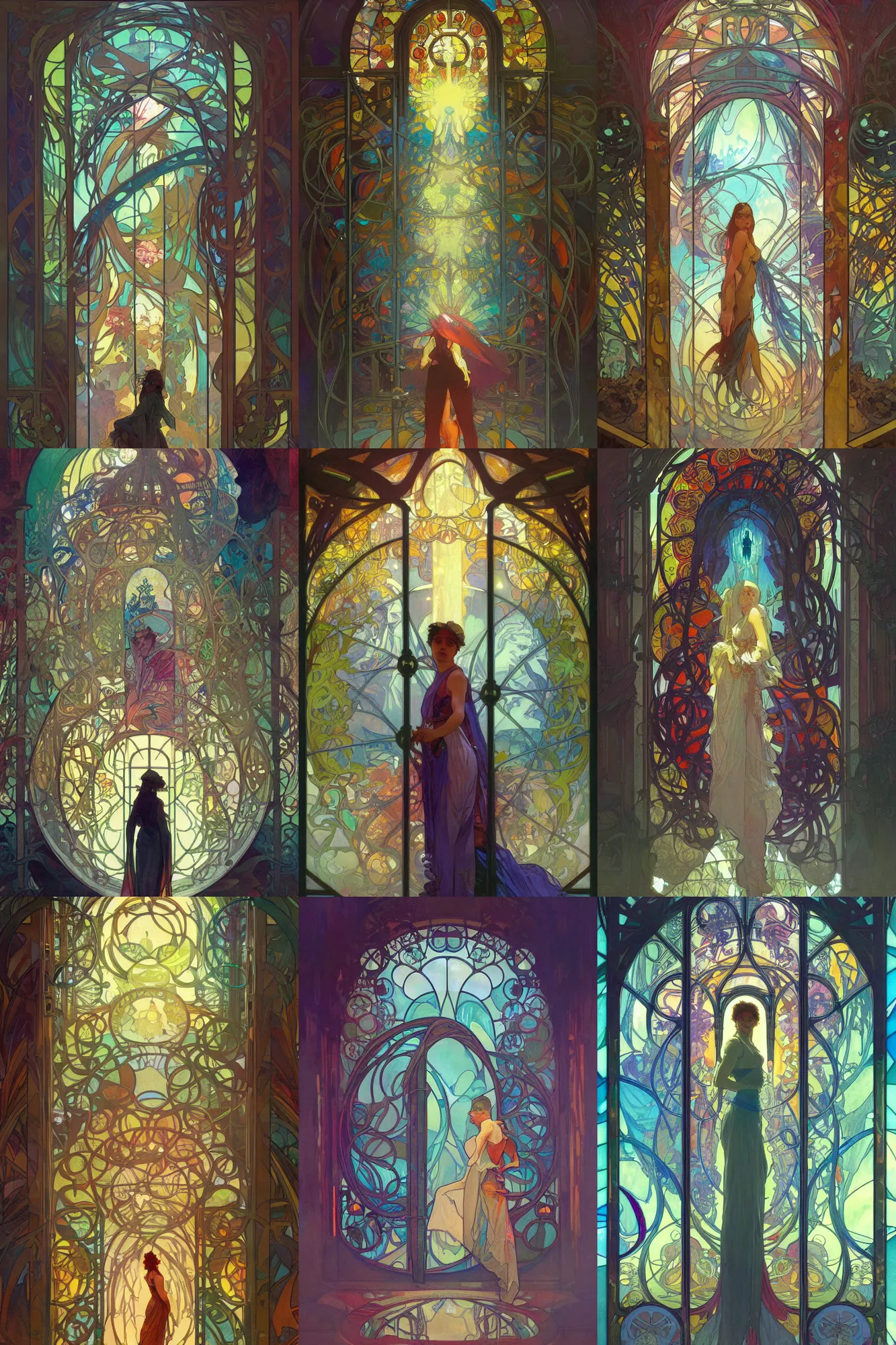 Prompt: portal to another world, glass wall, large gate, highly saturated colors, alphonse mucha, greg rutkowski, trending on artstation, concept art