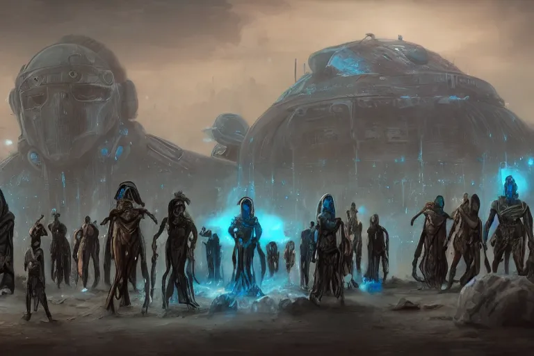 Image similar to ancient alien portral, a crowd of androids, pilgrimage, in mad max style, stargate, coriolios rpg art style, full of details, dark sci - fi, cold blue colors, matte painting, artstation, 8 k, hyperrealistic, style of peter mohrbacher