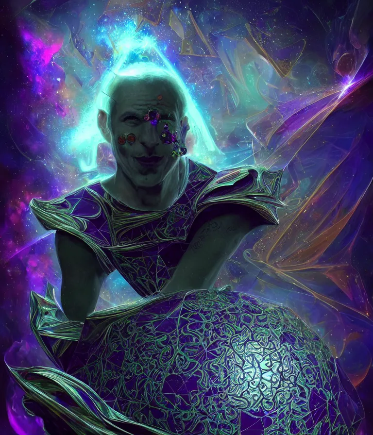 Image similar to front!!! shot of a court jester!!! character, mesmerizing fractal hypercubes, dark holography!!!, future, metallic nebula, crystalline edges, polygonal, elegant, highly detailed, centered, (((artstation, concept art, jagged, sharp focus, artgerm, Tomasz Alen Kopera, Peter Mohrbacher, donato giancola, Joseph Christian Leyendecker, WLOP, Boris Vallejo))), ((raytracing)), mugshot!!!!!, ugly!!!!!!, octane render, nvidia raytracing demo, octane render, nvidia raytracing demo, octane render, nvidia raytracing demo, 8K