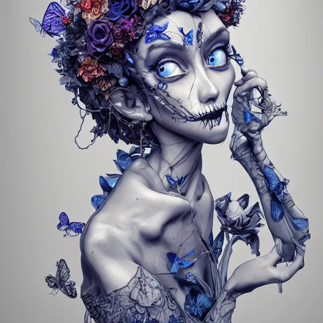 Prompt: studio portrait absurdly beautiful, elegant, skeletal corpse bride, sensual gravure idol blue petals and butterflies, ultrafine hyperrealistic detailed face illustration by kim jung gi, irakli nadar, intricate linework, sharp focus, bright colors, matte, octopath traveler, final fantasy, unreal engine highly rendered, global illumination, radiant light, intricate environment