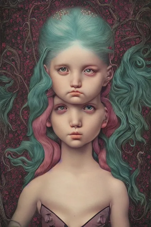 Prompt: pop surrealism, lowbrow art, realistic cute girl painting, hyper realism, victorian fashion, muted colors, trevor brown, mark ryden style