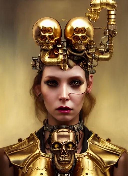 Image similar to hyper realistic girl cyborg with gold skull head hornment, magical, gems, jewels, gold, steampunk, cyberpunk utopia, painted by tom bagshaw, mucha, gaston bussiere, craig mullins, j. c. leyendecker 8 k