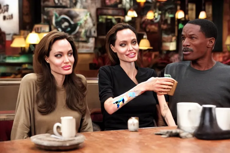 Image similar to Angelina Jolie and The Predator alien, best friends, drinking coffee at central perk, still photo, hyperrealistic, 35mm, 8k, by weta digital