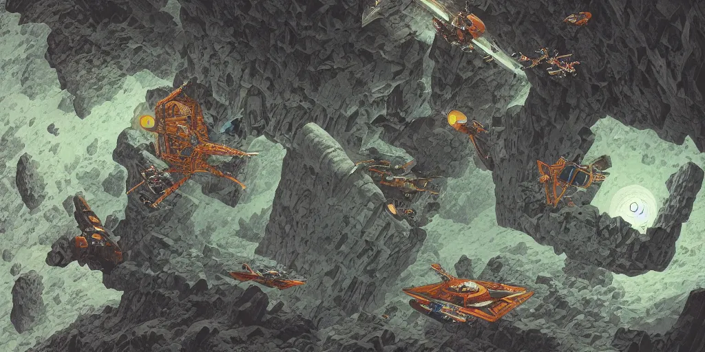 Prompt: ultra detailed space fighter drone flying through a mining cave, by Escher and Moebius and Mohrbacher