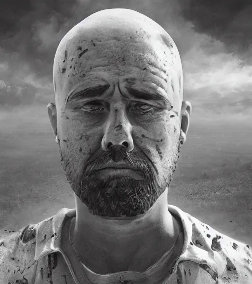 Image similar to portrait of muscular, tired and alcoholic 3 0 - year - old grieving man with short darkblonde hair, serious sad look in his eyes, looking down, dirty beard, blue eyes, crying tears, wearing dirty soldier uniform, on the desert, sad atmosphere, hyper realistic face, character art, art by mark brooks, cryengine, trending on artstation, digital art