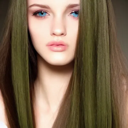 Image similar to add long straight hair to photo, very pretty model, heart shaped face, green eyes