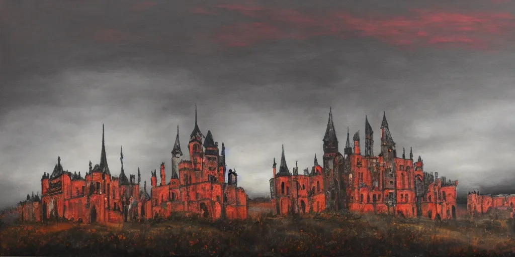 Image similar to a beautiful and gothic castle in the distance. Red sky. Dark ambient. Gothicpunk. Detailed oil on canvas. Art in style of Frances Ann Hopkins. High definition