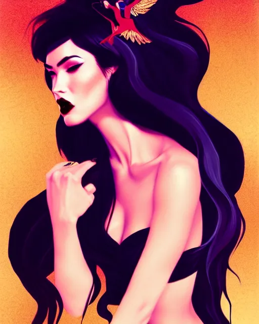 Image similar to megan fox with dark eye makeup, fancy vegas show girl in a bar dancing on stage, long windblown black hair, glamorous pose, digital illustration, wlop, charlie bowater, octane