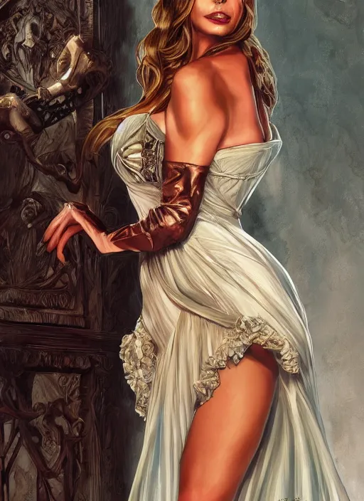 Image similar to sofia vergara as a heroine with a dress inspired by american horror story, digital painting, artstation, concept art, smooth, sharp focus, illustration, in - frame, centered, art by artgerm and donato giancola and joseph christian leyendecker, ross tran, wlop