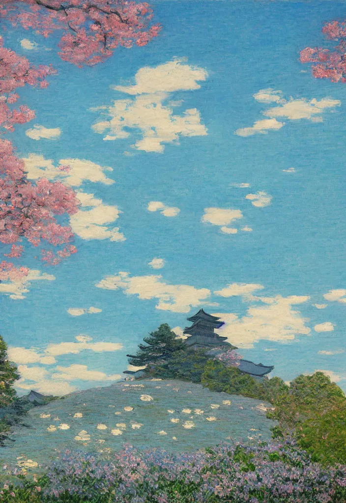 Image similar to tiny silhouette in front of a beautiful japanese country side landscape, edo era house in the background, blue sky, magnificient clouds, lofi vibe, vivide colors, amazing light, really beautiful nature, oil painting, impressionist style, by jeremy lipkin, by klimt, by claude monet, by ghibli, kandinsky touches, multiple brush strokes, masterpiece