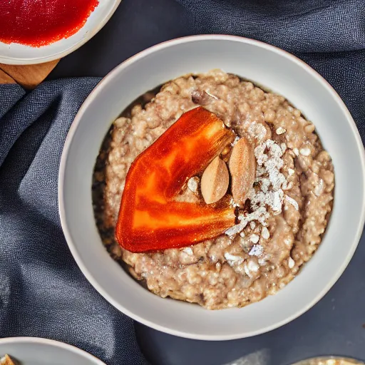Image similar to oatmeal with ketchup on top, professional food photography,