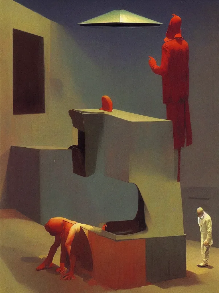 Image similar to magician with a trash over his head praying to a trash bin Edward Hopper and James Gilleard, Zdzislaw Beksinski highly detailed