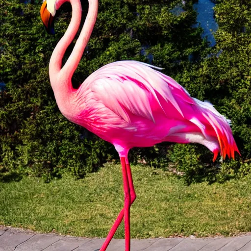 Image similar to a man confidently straddling a flamingo's back, detailed, photo, 4k