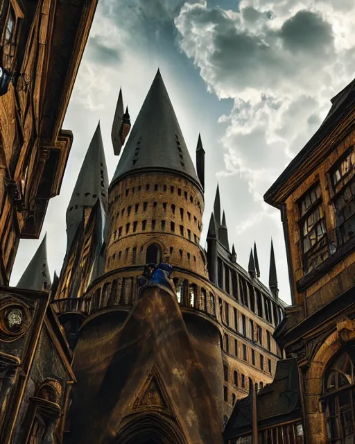 Prompt: a beautifulharry potter school of wizardry, beautiful architecture, low vantage point, cinematic photography, light rays, complex structure, incomprehensible scale