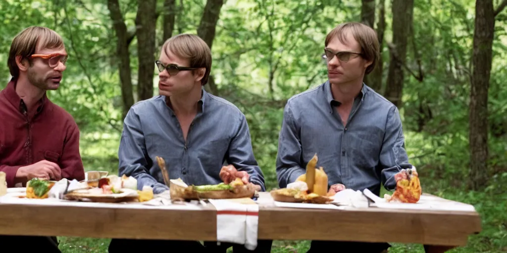 Image similar to photo of jeffrey dahmer and hannibal lecter eating lunch at a picnic table, highly detailed, 4 k