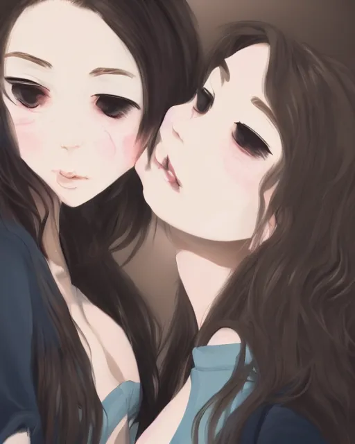 Image similar to portrait of a girl kissing another girl on the neck, anime, trending on Artstation