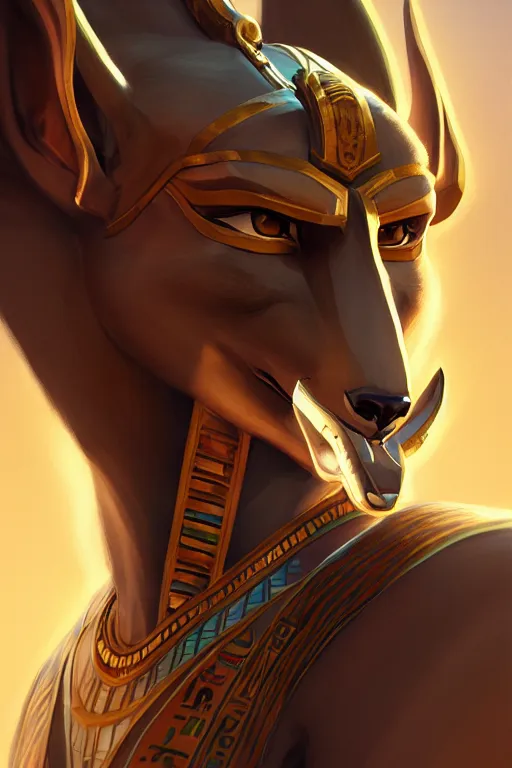 Image similar to the god anubis, egyptian setting, portrait, sharp focus, digital art, cgsociety, concept art, post processed, dynamic lighting, artstation, by rossdraws and jazza