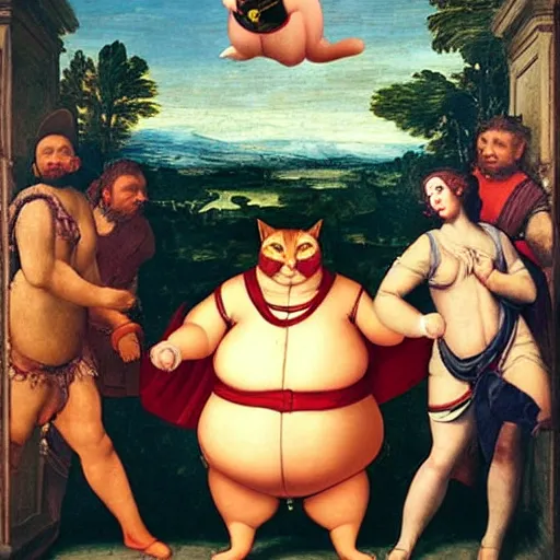 Image similar to fat cat superhero, Renaissance painting