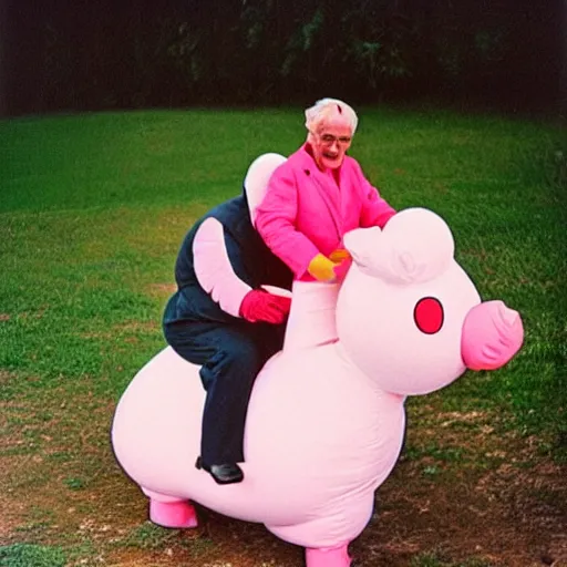 Image similar to a martin parr photo of a grandpa couple, wearing michelin man white body costumes, riding a pink pig, 1 9 7 0 s kodachrome colour photo, flash on camera,