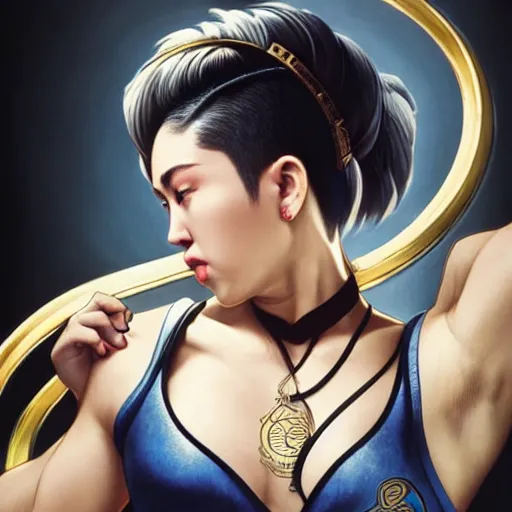 Image similar to miley cyrus as chun li from street fighter, 4 k, ultra realistic, detailed focused art by artgerm and greg rutkowski and alphonse mucha