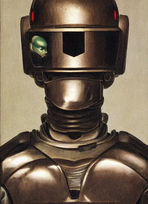 Image similar to a portrait of Robocop by Jan van Eyck