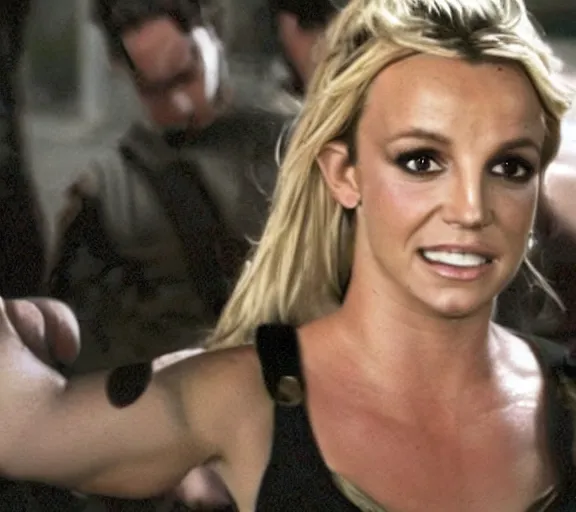 Image similar to a movie still of britney spears as a cuffed prisoner in the movie star wars